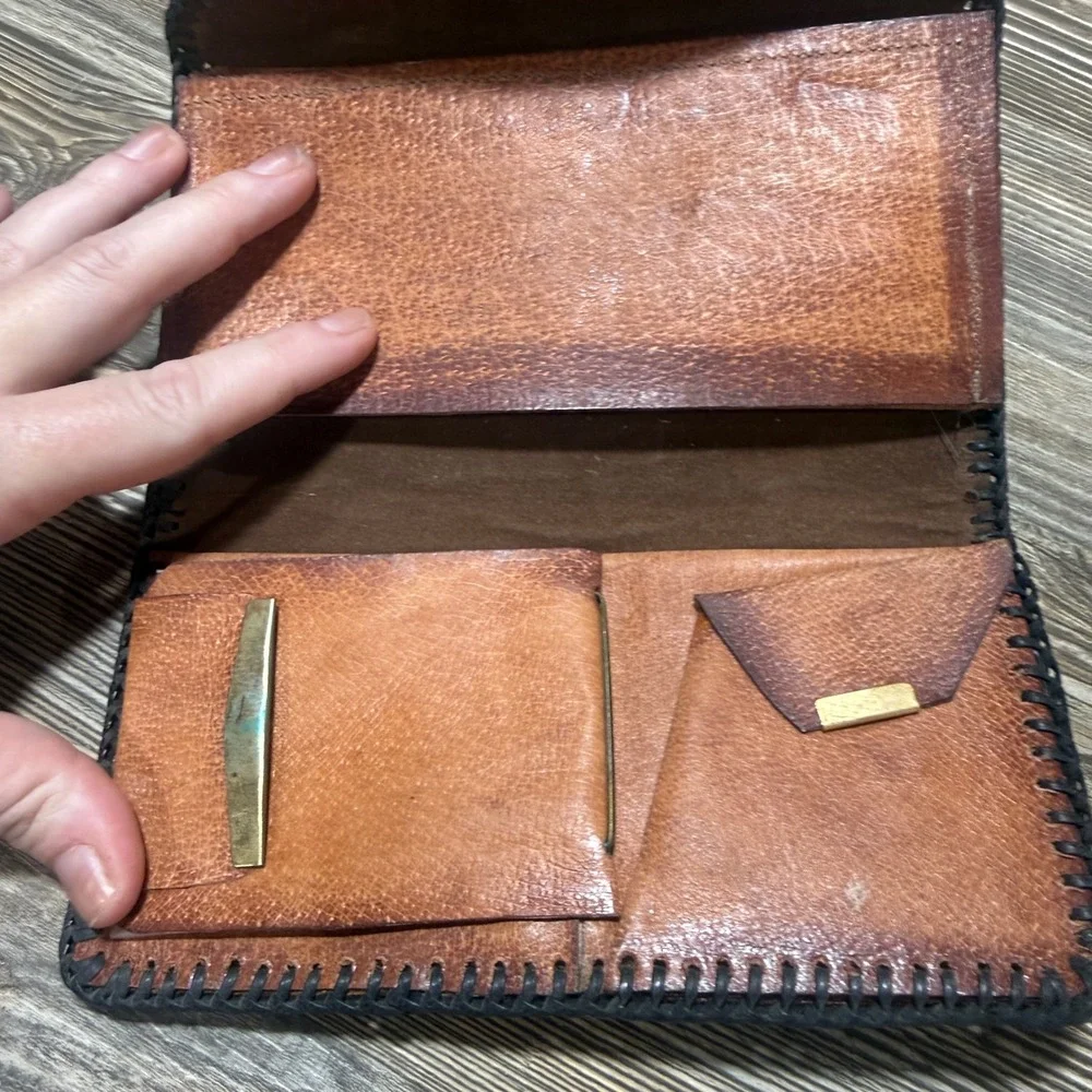 Vintage Hand Tooled Leather Floral Clutch Wallet Brown Whipstitch Western Boho